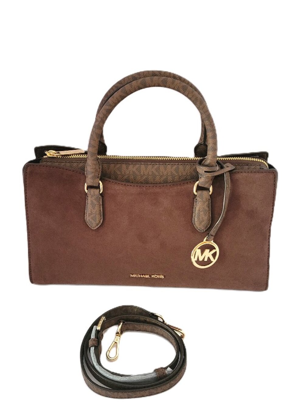Michael Kors Arden Signature MK Logo Bonded Leather Suede Top Zip Satchel Nutmeg